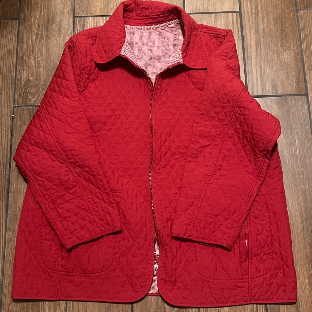 Reversible red and gingham quilted jacket